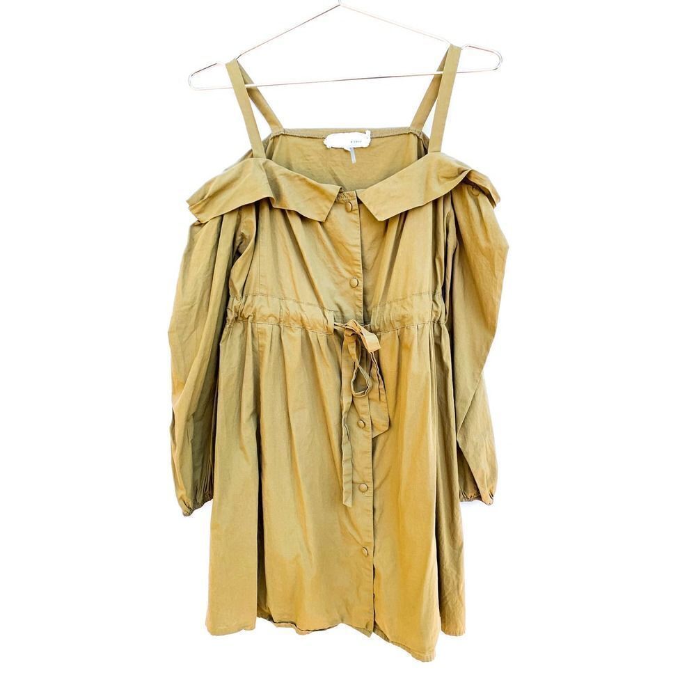 A'reve Green Cold Shoulder Button Cotton Dress
